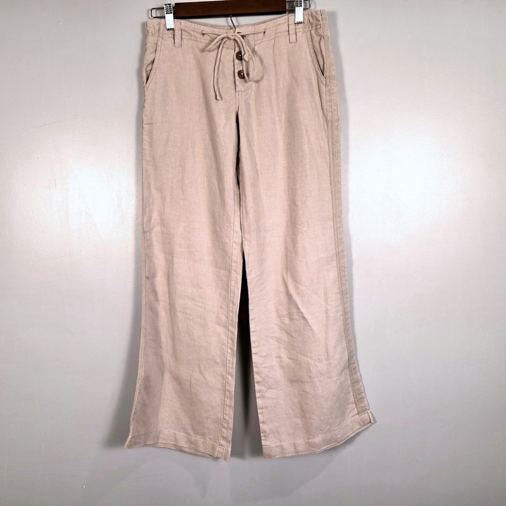Joie Tan 100% Linen Wide Leg Drawstring Pants Coconut Buttons Size 2 889-1564